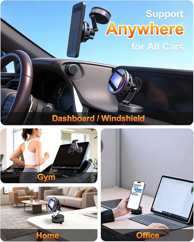 Upgraded TEC&Fan Cooling Magnetic Wireless Car Charger, For Qi2 Magsafe Car Mount Fast Charging, Vacuum/Air Vent Car Phone Holder 120LBS Ultra Suction Cup 810° Dashboard Car Bracket for iPhone/Android