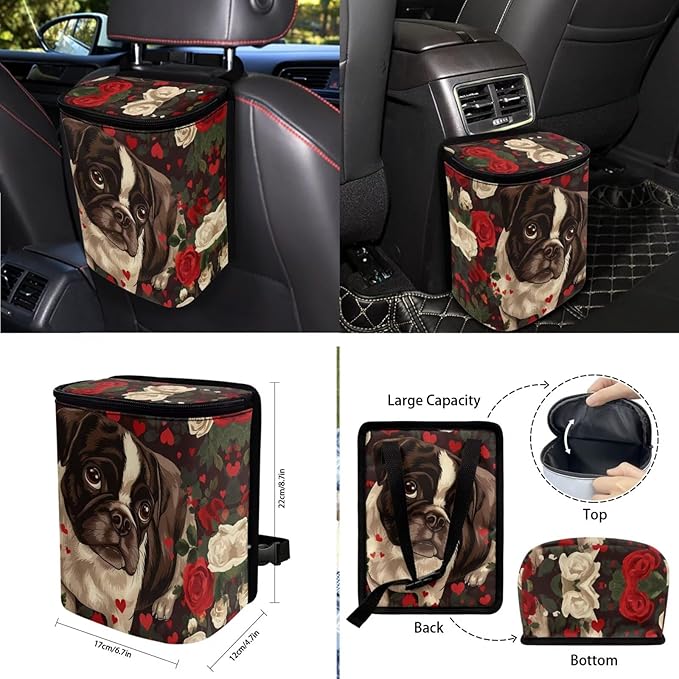 10 Pieces Car Seat Cover Full Sets, Pug Rose Print Car Front Bucket Seat Protectors with Split Bench Back Seat Covers, Steering Wheel Protector, Coaster, Trash Can, Air Vent Storage Bag