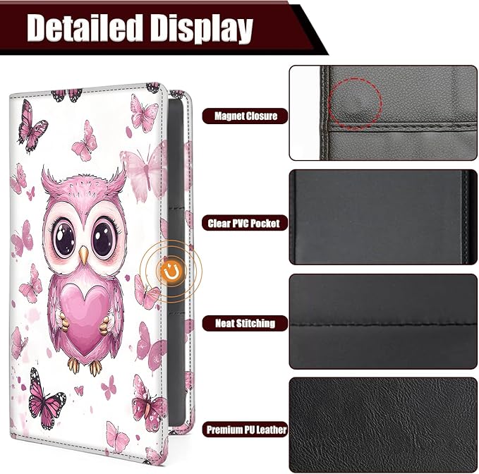 Car Document Holder with Magnetic Shut, Car Registration and Insurance Card Holder, Vehicle Glove Box Organizer Documents, Driver License, Auto Paperwork Organizer Wallet, Pink Heart-Shaped Owl