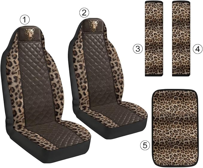 Psesaysky 5 Pcs Car Interior Set Leopard Cheetah Print Auto Front Seat Cover Soft Seatbelt Covers Center Console Armrest Pad Universal Car Accessories Fit Car SUV Auto Truck