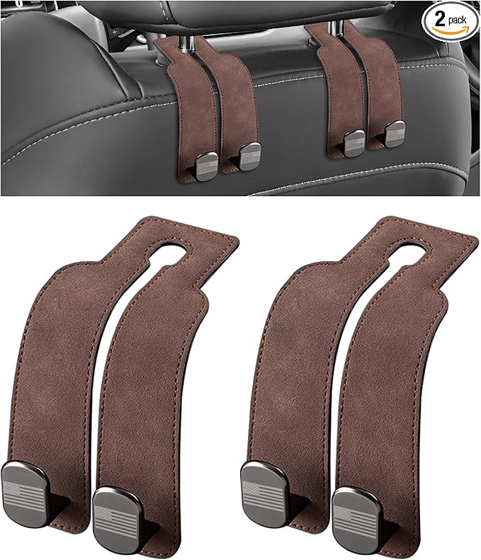 Sun Walker 2 PCS Car Seat Headrest Hooks, Auto Back Seat Purse Hook Bag Organizer with American Flag, Vehicle Double Metal Hooks Storage Hanging Holder for Handbags Coats Phones (Brown)