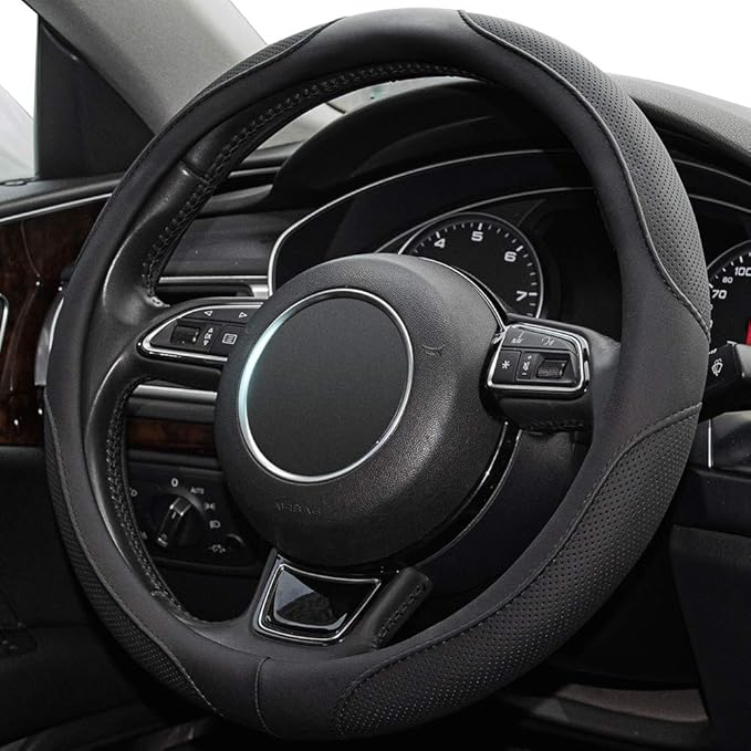 Xizopucy 14inch Steering Wheel Cover,Prius,Civic,S,(14-14.25inch)-Black Microfiber Leather Breathable, Anti Slip Car Accessories-