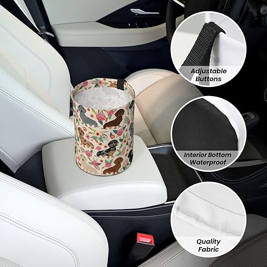 Dachshund Sausage Dogs Pink Flowers Print Car Trash Can Leak Proof Hanging Waterproof Garbage Can Multipurpose Trash Bin for Car SUV Front Seat Headrest Collapsible and Portable Storage Pocket