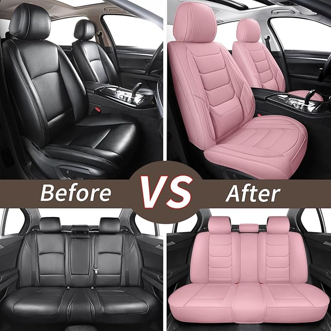SCOMEE Pink Leather Car Seat Covers Full Set Breathable Seat Protectors Waterproof Automotive Seat Covers Universal Fit for Most Cars SUVs Trucks Vehicles