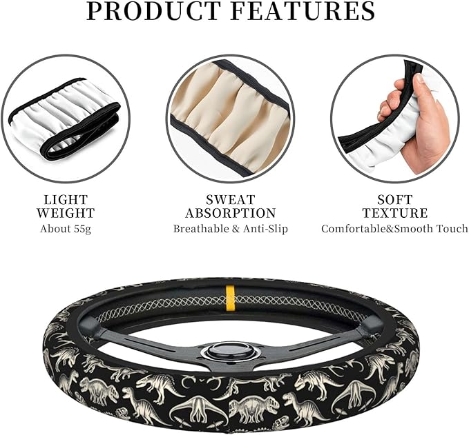 Dark-Dinosaur Universal Fit Steering Wheel Cover for Car, Truck, and SUV, Durable Steering Wheel Protection