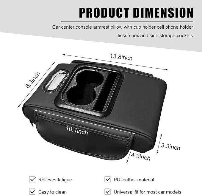 Car Center Console Armrest Pillow, Leather Arm Rest Cover Pad with 2 Storage Pockets Cup Holder & Phone Slot, Soft Middle Console Cushion Protector for Most Vehicles (Black, Normal)