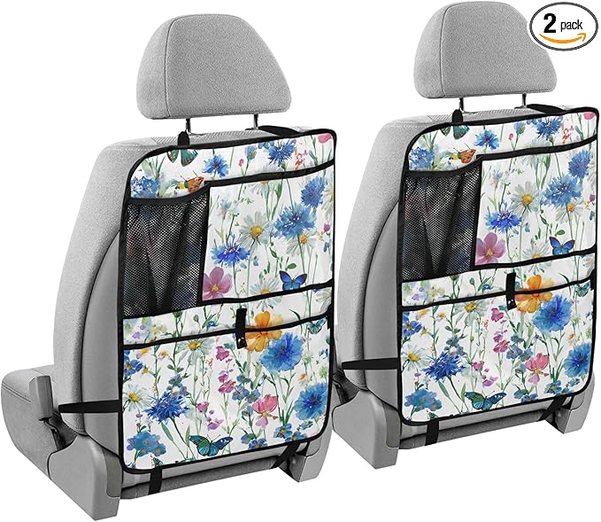 2 Pack Back Seat Car Organizer with Storage Pockets Kick Mats Back Seat Protector Hanging Car Organizer Automotive Seat Back Cover Organizers Watercolor Cornflower Daisy