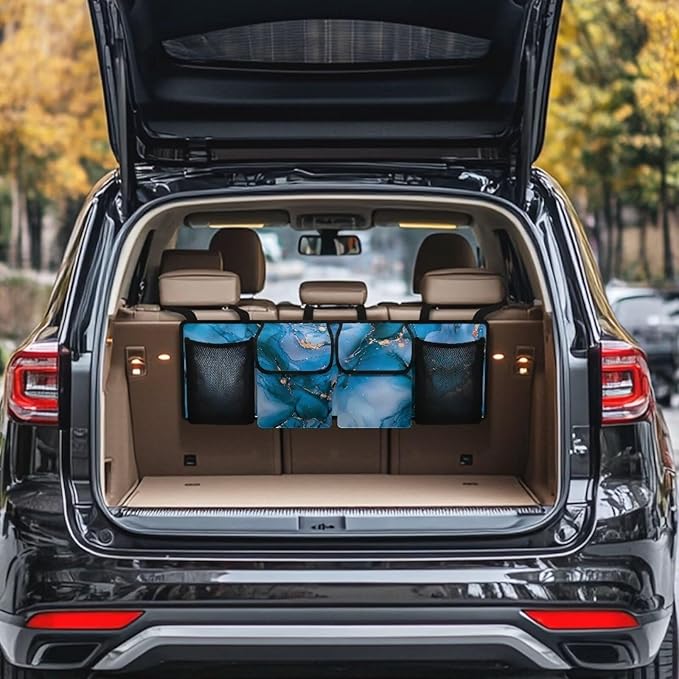 Car Trunk Organizer, Blue Marble Backseat Hanging Large Storage with Adjustable Straps & 4 Pockets, Waterproof Collapsible Cargo Bag, Car Interior Accessories