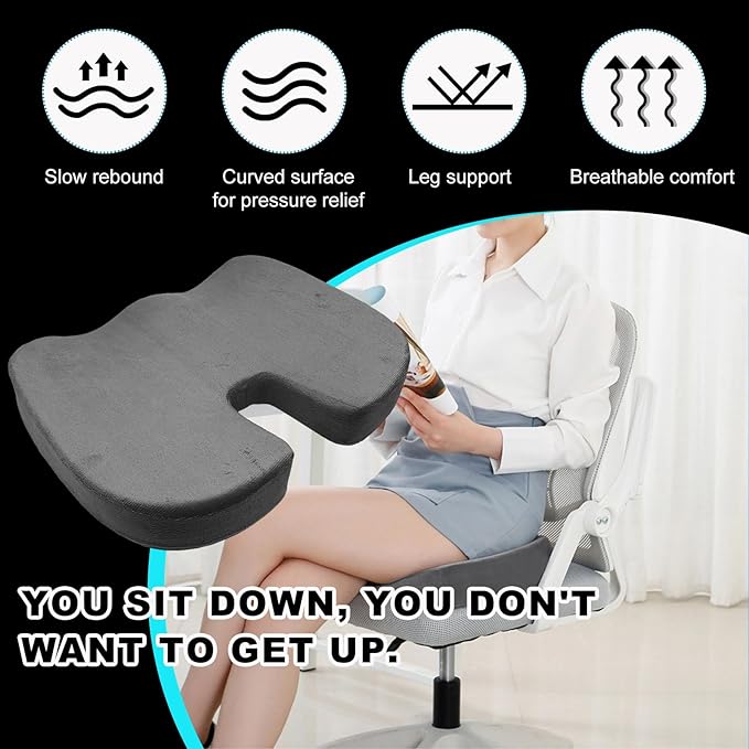 Memory Foam Seat Chair Cushion, Comfortable Auto Cushions for Long Periods of Sitting, Pregnancy Car Seat Cushion for Back, Coccyx & Sacrum Pain Relief (Grey)