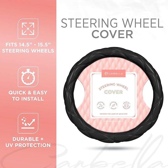 Carbella Black Stitched Leather Steering Wheel Cover for Women, Standard 15 Inch Size Fits Most Vehicles, Cute Faux Car Steering Cover with Diamond Double-Stitch Detail, Car Accessories for Women