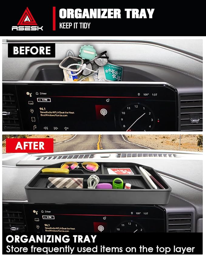 ASZSK for 2022–2026 Silverado&Sierra 1500/2024–2026 Silverado 2500HD/3500HD 13.4 Inch Center Console Screen Organizer Center Console Screen Organizer Tray ABS Materials