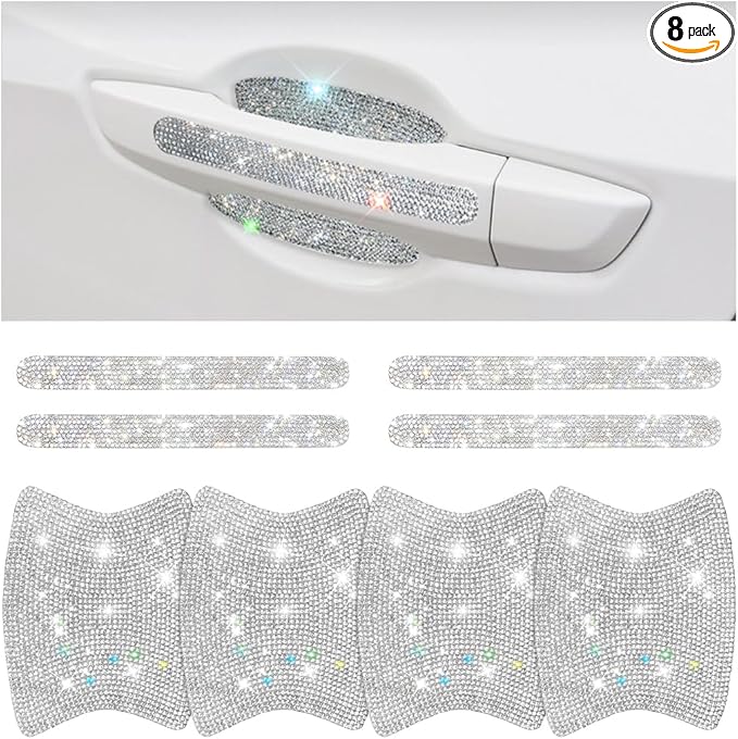 Mandark 8PCS Bling Car Door Handle Protector, Crystal Rhinestone Vehicle Door Bowl Protective Sticker, Glitter Anti-Scratch Auto Decor Decals Accessories, Universal for SUV, Sedan, Truck (White)