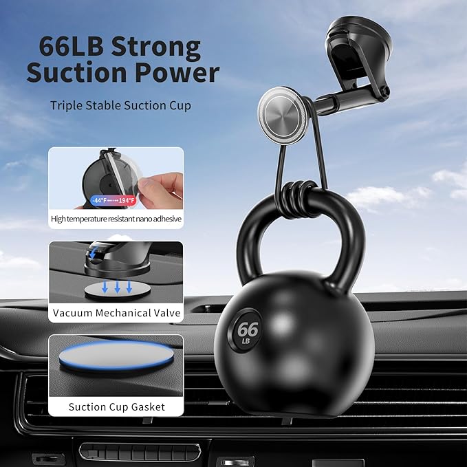 Upgraded Magnetic Phone Holder for Car, 360° Adjustable Car Phone Mount, 3-in-1 for Magsafe Car Mount - Dashboard Windshield & Vent Mount with Strong Suction, Car Phone Holder for iPhone12-17 Series