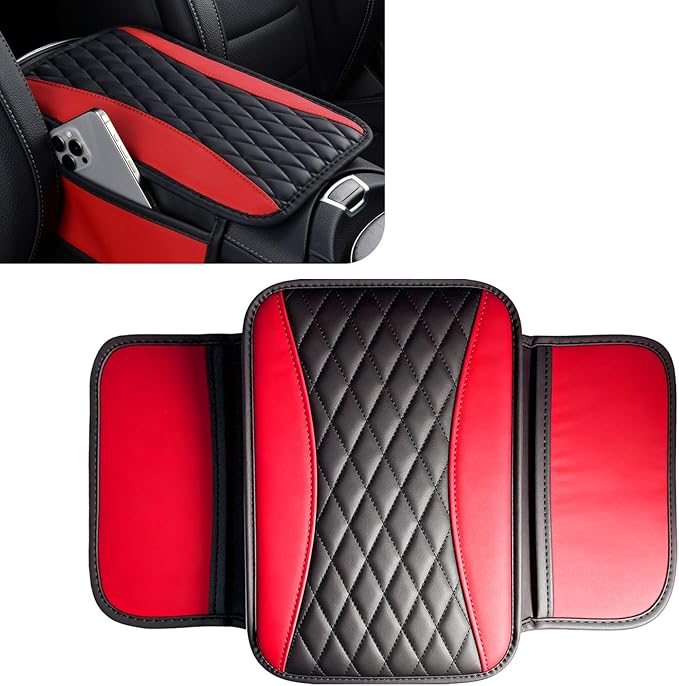 Patchwork Leather Center Console Cover, Upgraded Car Armrest Cover with 2 Storage Bags, Universal Arm Rest Covers for Car, Vehicle Interior Accessories Middle Console Cushion Organizer (Red)