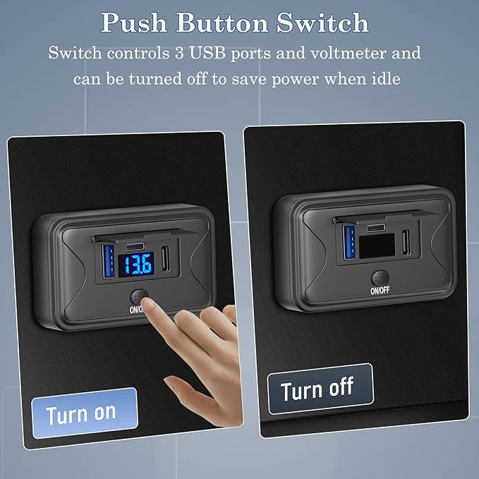 90W 12V USB Outlet Panel Wall Mount, Dual 36W USB C and QC 3.0 18W Car USB Port Charger with Voltmeter Button Switch, Waterproof 3 USB Multi Port Power Outlet DIY 12V Accessories for Car Bus RV Truck