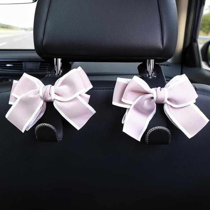 TISOHUGO Car Purse Hook, Cute Bow Hooks for Headrest - Leather U-Shaped Purse Holder for Car, Flexible Seat Back Organizer & Durable Vehicle Accessories for Bags, Coats & More (Black&Pink-2 Pack)