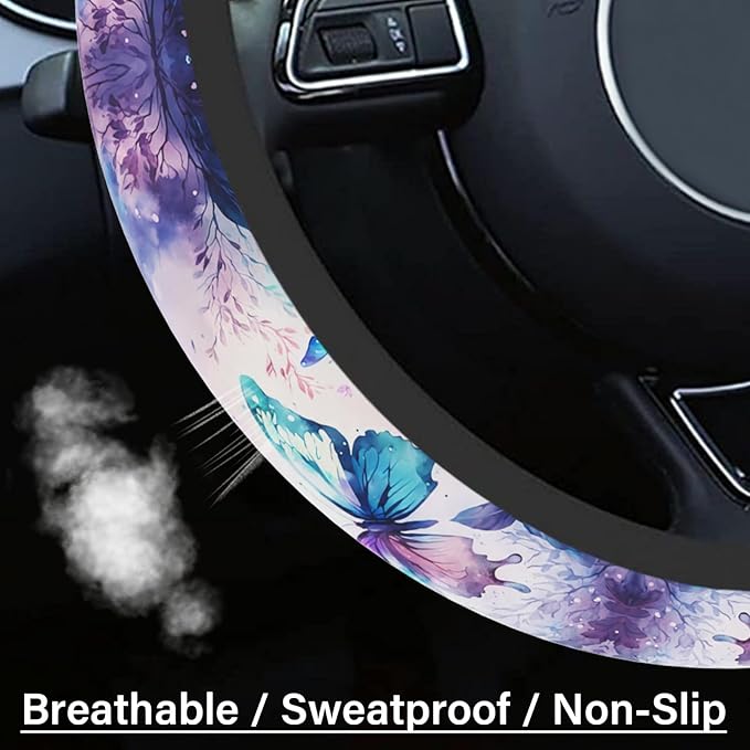 Purple FlowerSteering Wheel Cover Neoprene Material Most Cars Men&Women Universal 15 inch Premium Non-Slip Spring Steering Wheel Protector Floral Cute Car Accessories