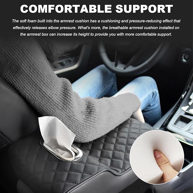 Car Center Console Cushion Pad, Comfy Leather Foam Car Armrest Console with Tissue Box, Universal Waterproof Car Armrest Cover with Height Increase, Car Armrest Accessories (Black)