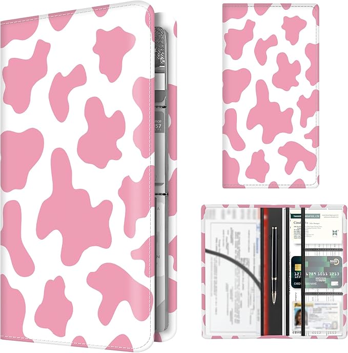 BAUCIWLD Premium Car Registration and Insurance Card Holder, Cute PU Leather Car Document Holder, Vehicle Glove Box Car Organizer with Magnetic Closure for Driver License, Cards Pink Cow Print