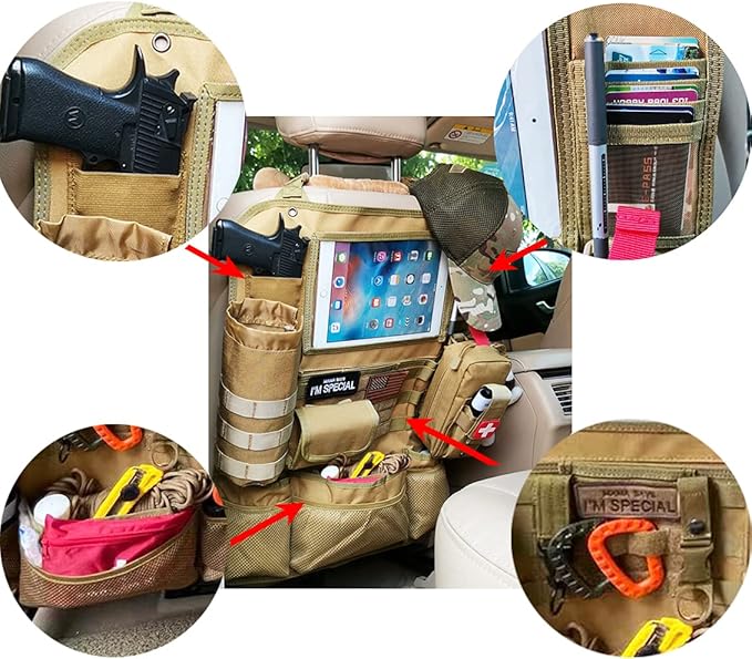 Upgrade Tactical MOLLE Car Back Seat Organizer With 14 Multi-Pockets and 4 Detachable Pouches: Trucker hat, Trauma Medical & Water Bottle Pouch, EDC Pouch, Vehicle Protector Organizer