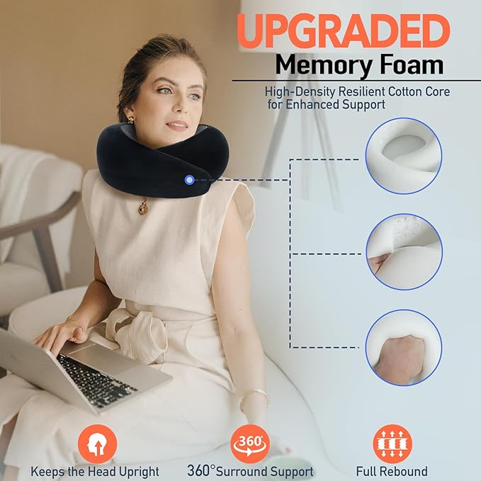 HWGIZP Travel Pillow | High-Density Memory Foam Pillow with 360° Surround Support. Ergonomically Designed. Ideal for Airplane Travel and Home Use.