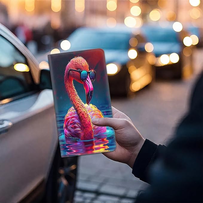 Car Registration and Insurance Card Holder for Women Men, Waterproof PU Leather Glove Box Car Organizer with Magnetic Shut, Vehicle Document Holder for Driver License, Adorable Tropical Flamingo