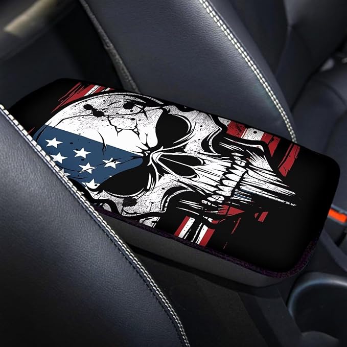 Auto Center Console Armrest Pad Seat Box Cover Universal Fit Car Armrest Cover Cushion Mat for Vehicle, SUV, Truck, Skull American Flag