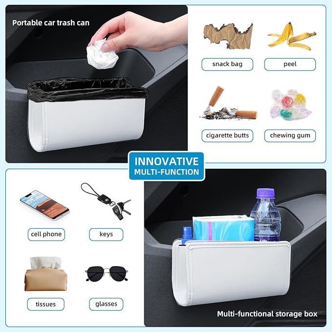 Car Trash Can, Universal Leather Foldable Leakproof Garbage Bins Car Door Organizer Holder (White)