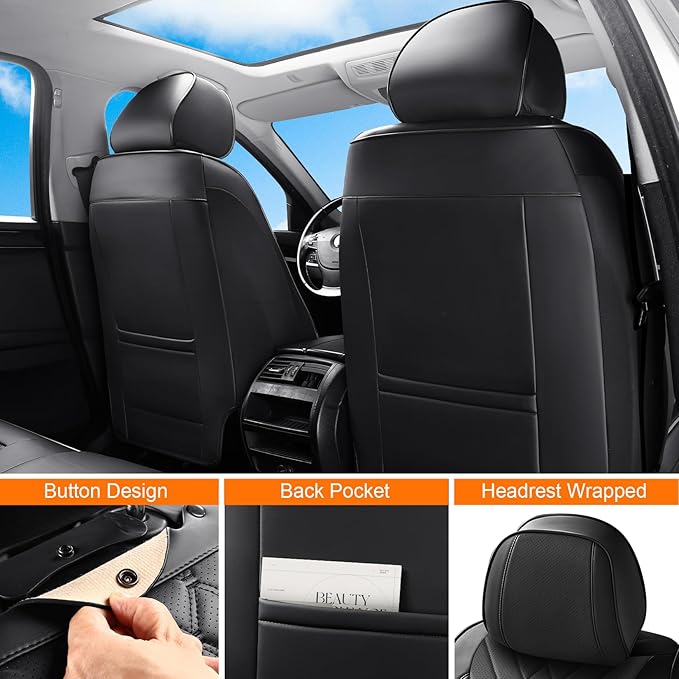 GEZHOUBA Full Coverage Car Seat Covers Full Set Waterproof, Luxury Leather Automotive Seat Covers Car Seat Protector, Front & Rear Seats Cover Sets Universal Fit for Most Vehicles Sedans SUVs, Black