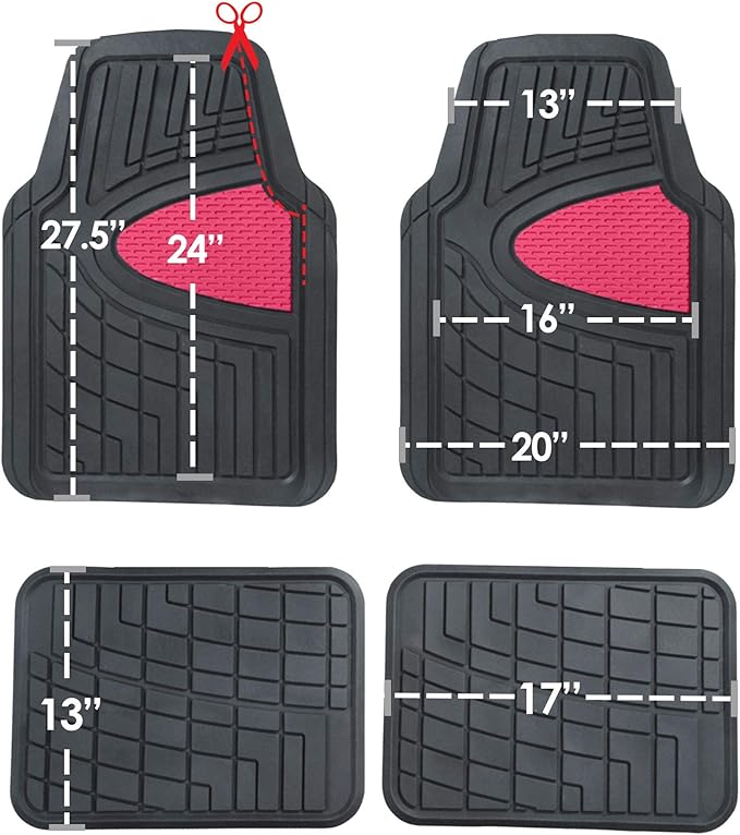 TLH Premium Tall Channel Rubber Car Trimmable Floor Mats - Heavy-Duty Pink Rubber Floor Mats, Universal Fit Full Set, Climaproof™ Floor Mats, Trimmable Floor Mats for Most Sedan, SUV, Truck