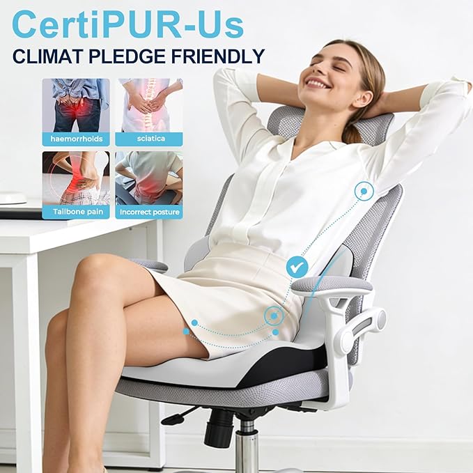 Seat Cushion, Office Chair Cushion, L-Shaped Ergonomic Car Seat Cushions, Memory Foam Chair Cushion, Lumbar Support Pillow for Wheelchair, Car, Home, Office, Desk, Light Gray