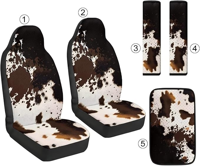 Qeluxign Cow Print 5 Piece Car Seat Covers Full Set, Front Seats Cover/Auto Seatbelt Shoulder Pads/Vehicle Center Console Armrest Cover, Universal Car Accessories Men Women Gifts