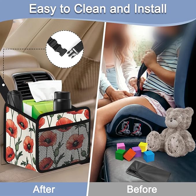 Flowers Poppies Car Backseat Organizer PU Leather Red Floral Truck Back Seat Trash Bag Universal Hanging Storage Box Travel Accessories Foldable