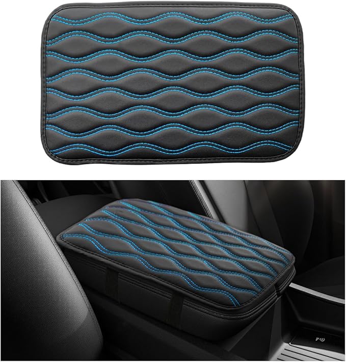 Car Center Console Pad, Waterproof Leather Armrest Seat Box Cover Protector, Non-Slip Middle Console Cushion Pad Interior Decor Fits Most Vehicles, Car Accessories (Black & Blue)