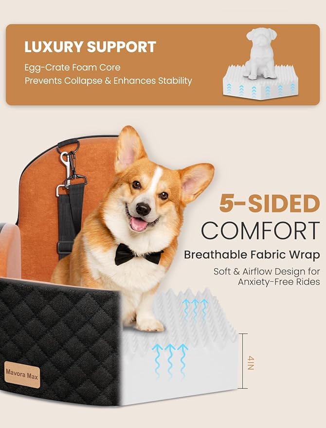 Mavora Max Dog Car Seat for Small/Medium Dogs, Elevated Dog Booster Seat Memory Foam Puppy Car Seat with Washable Cover, Travel Safety Pet Seat for Car with Storage Pockets Up to 35 lbs (Black/Brown)