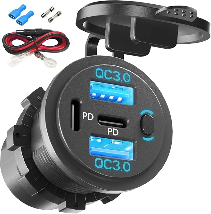 VANONE 12V USB Outlet with On/Off Switch – 4-Port Fast Charging for Car, Boat, RV & Marine Use, Prevents Battery Drain, Built-in Professional Look, Complete DIY Kit for Permanent Installation