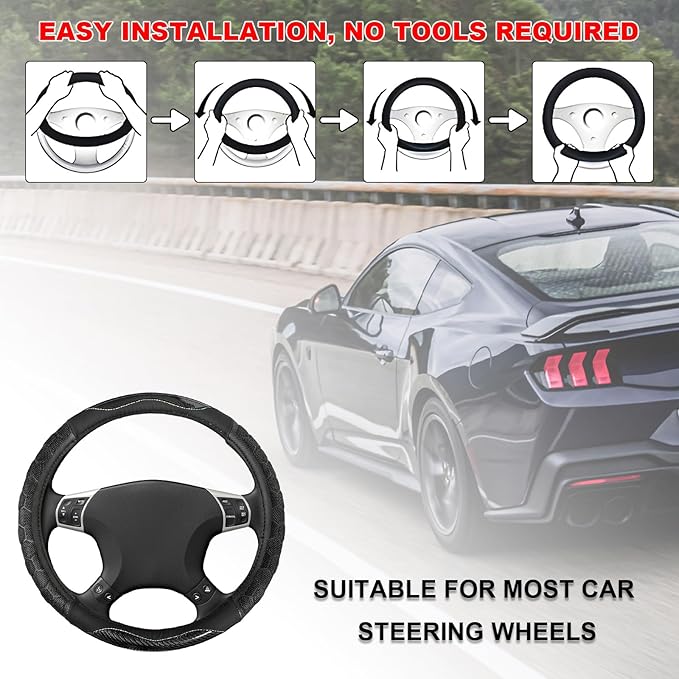 Carbon Fiber Steering Wheel Cover, Non-Slip Leather Steering Wheel Protector with 3D Honeycomb Design, Comfy Grip Breathable Sporty Auto Wheel Wrap for Most Cars Trucks SUVs (Black)