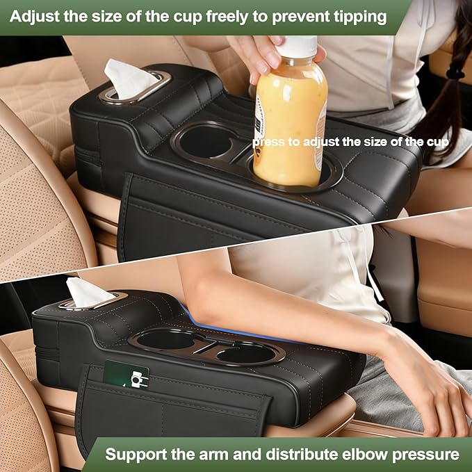 Upgrade Multifunctional Car Armrest Cushion,Center Console Cover with 2 Cup Holder,Arm Rest Cover for Car,Car Armrest Storage Box, Car Accessories Center Console Organizers for Most Cars