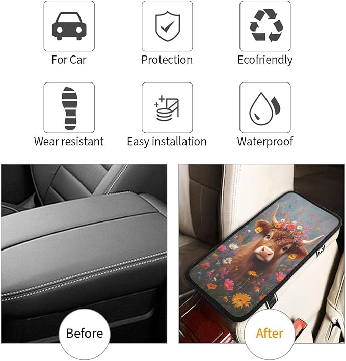 Universal Car Center Console Cushion Pad, Cute Highland Cow Flowers Soft Waterproof Car Center Console Cover Auto Armrest Seat Box Cover Protector for Most Vehicle SUV Truck Car