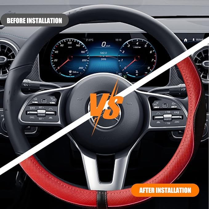 Car Steering Wheel Cover, 14.5-15" Leather Anti-Slip Sport Style Vehicle Steering Wheel Protector, Breathable Auto Interior Protection Accessories, Universal for SUV Van RV (Black/Red)