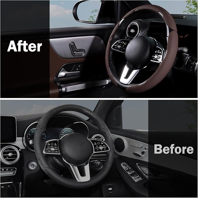 Car Steering Wheel Cover Leather Snap On 3Pcs Set Non-Slip Protector Wrap Steering Wheel Accessories 14.5-15 inch Universal Brown
