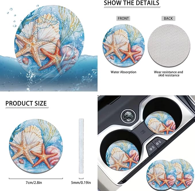 Starfish & Seashells 6pcs Car Steering Wheel Cover Set Car Armrest Cover Handbrake Coer Auto Interior Sets for Men Women Fit for Trucks Vans Suvs