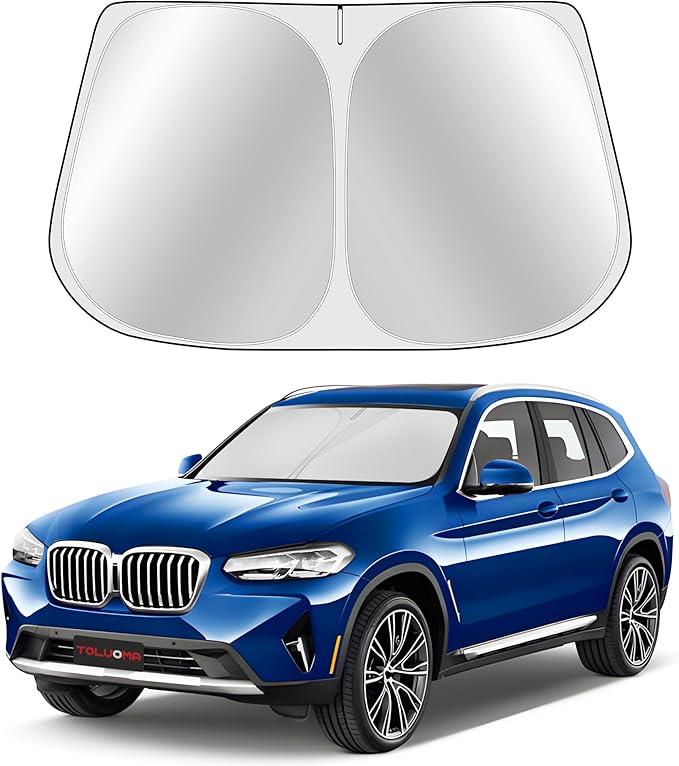 Toluoma Custom Fit Windshield Sun Shade for BMW X3 2018-2025 - Full Coverage, 210T Reflective Fabric, Double-Layer Design - Blocks 99% UV Rays, Keeps Car Cool, Easy to Install and Store