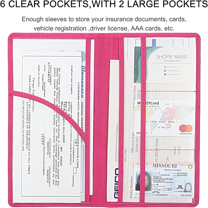 LumiMokki Premium Car Registration & Insurance Card Holder with Magnetic Shut, Vehicle Glove Box Car Organizer - For Documents, Cards, License (Rose red)