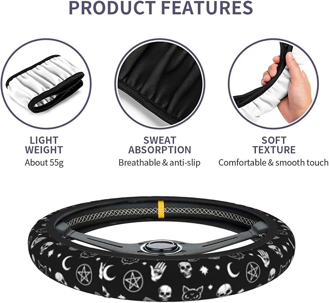 Gothic Skull Cat Moon Pattern Universal Steering Wheel Cover for Men Women, Halloween Soft Anti Slip Stretch Neoprene Steering Wheel Covers Car Protector Accessories 15 Inch-Black