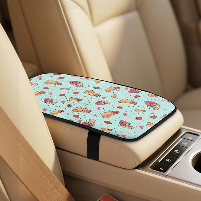 Qeluxign 5 Pieces Car Seat Cover Full Set, Capybara Strawberry Heart Seat Covers Car Seatbelt Pads Vehicle Center Console Armrest Cover Pad for Truck SUV Sedan Automotive Interior Accessorie