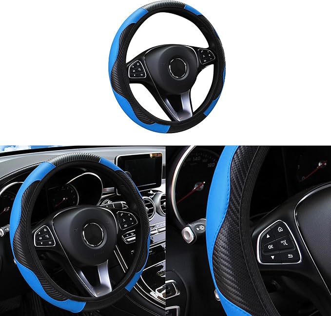 Car Steering Wheel Cover, 15 inch Carbon Fiber Microfiber PU Leather Elastic Steering Wheel Protector for Men Women, Anti-Slip Breathable Car Interior Accessories for Most Cars (Blue)