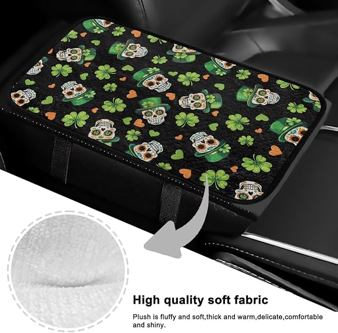 Bulopur St. Patrick's Skull Car Center Console Cover Protector Arm Rest Car Flannel Comfortable Auto Armrest Console Accessories Universal Fit Most Cars Women Men