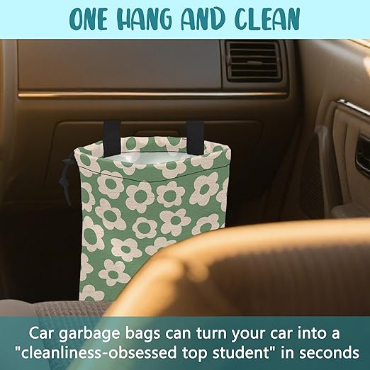KXWQTRDD Car Garbage Bag Vintage Green Groovy Flowers Drawstring Car Trash Bag Hanging for Back Seat with Adjustable Buckle Canvas Vehicle Trash Can Easy-to-Install