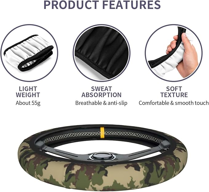 Green Camo Camouflage Steering Wheel Cover for Women Men with 2 Pcs Car Coasters, Universal 14.5-15 Inch Rainbow Steering Wheel Covers Non-Slip Car Accessories for Girls